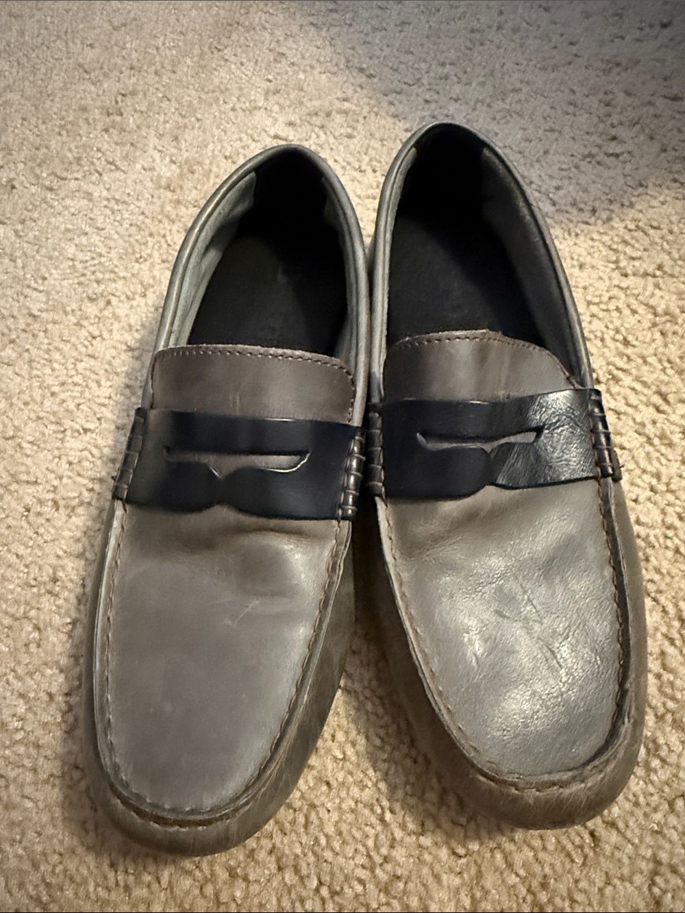 Born Gray Leather Penny Loafers with Black Strap